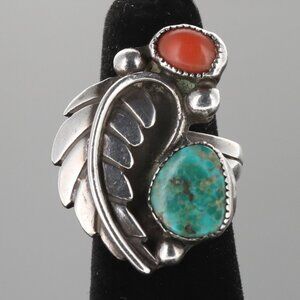 Vtg Navajo Native American Sterling Silver Turquoise Coral Feather Ring Sz 5
